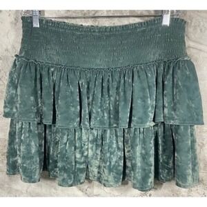 Aerie Green Velvet Tiered Ruffle Mini Skirt Smocked Waist Sz XL